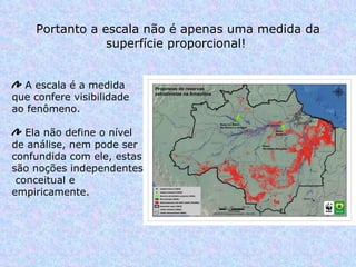 Portanto a escala não é apenas uma medida da superfície proporcional!  A escala é a medida que confere visibilidade ao fenômeno.  Ela não define o nível de análise, nem pode ser confundida com ele, estas são noções independentes  conceitual e empiricamente.  