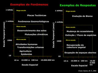 Micro-escala Meso-escala Mega-escala Exemplos de Fenômenos Fonte: Santos, R. F., 2004 Escala Espacial 10 m 10.000 m 100 km 10.000.000 km Placas Tectônicas Fenômenos Geomorfológicos Desenvolvimento dos solos Flutuações climáticas Atividades humanas Transformações urbanas Agricultura Epidemias 10  1000 1 milhão 1 bilhão Escala Temporal (anos) Micro-escala Meso-escala Mega-escala Exemplos de Respostas Escala Espacial 10 m 10.000 m 100 km 10.000.000 km Evolução do Bioma Mudança do ecossistema Extinção / Fluxo de espécies Recuperação da cobertura vegetal Ocupação de espaços abertos 10 1000 1 milhão 1 bilhão Escala Temporal (anos) 