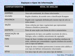 Espaços e tipos de informação 5 Fonte: Bailey, 1978 (modificado) COMPARTIMENTOS NÍVEL DE ANÁLISE DOMÍNIO Área sub-continental, de climas relacionados DIVISÃO Região climática, de acordo com a classificação Koeppen PROVÍNCIA Região com vegetação definida pelo mesmo tipo de solo ou solos zonais SEÇÃO Áreas cobertas por tipos vegetacinais que representam climaces climáticos potenciais DISTRITO Parte de uma seção com forma de relevo caracteristica ASSOCIAÇÃO DE TIPOS Agrupamento de tipos com padrão recorrente de relevo, litologia, solos e estádios sucessionais da vegetação TIPO Grupo de fases vizinhas com series ou familias similares de solos, cobertos por comunidades vegetais similares de acordo com os tipos de habitats FASE  Grupo de sitios vizinhos pertencentes à mesma série edáfica e com tipos de hábitats intimamente relacionados SÍTIO Um único tipo de solo e um unico tipo de habitat.  