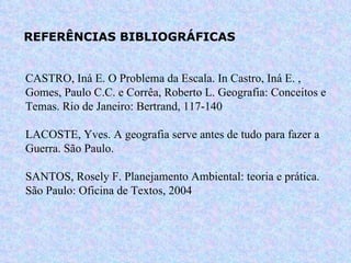 REFERÊNCIAS BIBLIOGRÁFICAS CASTRO, Iná E. O Problema da Escala. In Castro, Iná E. , Gomes, Paulo C.C. e Corrêa, Roberto L. Geografia: Conceitos e Temas. Rio de Janeiro: Bertrand, 117-140 LACOSTE, Yves. A geografia serve antes de tudo para fazer a Guerra. São Paulo.  SANTOS, Rosely F. Planejamento Ambiental: teoria e prática. São Paulo: Oficina de Textos, 2004 