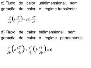c) Fluxo de calor unidimensional, sem
geração de calor e regime transiente:
d) Fluxo de calor bidimensional, sem
geração de calor e regime permanente:
0
)
(
)
( =
+
y
T
k
y
x
T
k
x 







t
T
C
x
T
k
x
p







=
)
(
 