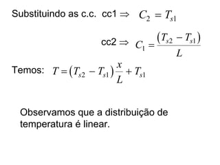 Substituindo as c.c. cc1 
cc2 
Temos:
Observamos que a distribuição de
temperatura é linear.
C Ts
2 1
=
( )
C
T T
L
s s
1
2 1
=
−
( )
T T T
x
L
T
s s s
= − +
2 1 1
 