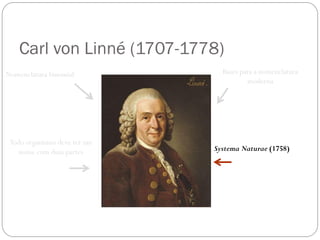 Todo organismo deve ter um
nome com duas partes
Carl von Linné (1707-1778)
Nomenclatura binomial Bases para a nomenclatura
moderna
Systema Naturae (1758)
 