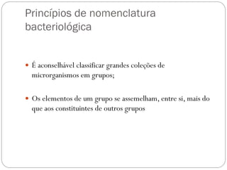 Princípios de nomenclatura
bacteriológica
 É aconselhável classificar grandes coleções de
microrganismos em grupos;
 Os elementos de um grupo se assemelham, entre si, mais do
que aos constituintes de outros grupos
 