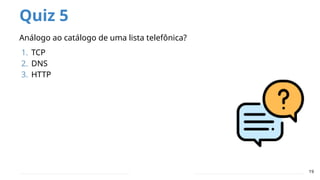 Quiz 5
Análogo ao catálogo de uma lista telefônica?
1. TCP
2. DNS
3. HTTP
19
 