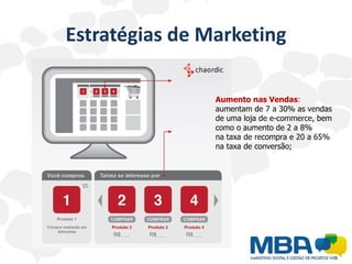 Estratégias de Marketing

                Aumento nas Vendas:
                aumentam de 7 a 30% as vendas
                de uma loja de e-commerce, bem
                como o aumento de 2 a 8%
                na taxa de recompra e 20 a 65%
                na taxa de conversão;
 