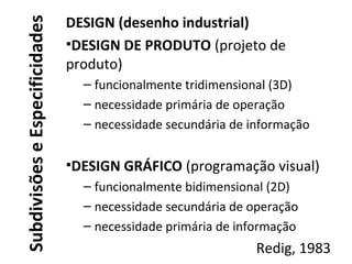 SubdivisõeseEspecificidades
DESIGN (desenho industrial)
•DESIGN DE PRODUTO (projeto de
produto)
– funcionalmente tridimensional (3D)
– necessidade primária de operação
– necessidade secundária de informação
•DESIGN GRÁFICO (programação visual)
– funcionalmente bidimensional (2D)
– necessidade secundária de operação
– necessidade primária de informação
Redig, 1983
 
