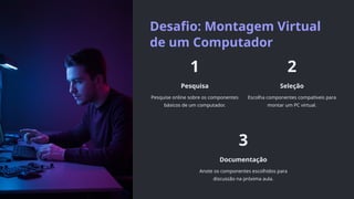Desafio: Montagem Virtual
de um Computador
1
Pesquisa
Pesquise online sobre os componentes
básicos de um computador.
2
Seleção
Escolha componentes compatíveis para
montar um PC virtual.
3
Documentação
Anote os componentes escolhidos para
discussão na próxima aula.
 