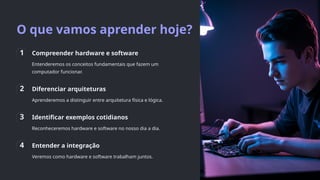 O que vamos aprender hoje?
1 Compreender hardware e software
Entenderemos os conceitos fundamentais que fazem um
computador funcionar.
2 Diferenciar arquiteturas
Aprenderemos a distinguir entre arquitetura física e lógica.
3 Identificar exemplos cotidianos
Reconheceremos hardware e software no nosso dia a dia.
4 Entender a integração
Veremos como hardware e software trabalham juntos.
 