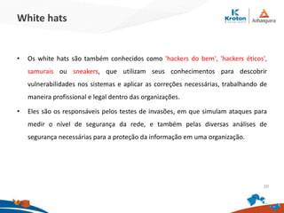 White hats
•Os white hats são também conhecidos como 'hackers do bem', 'hackers éticos',
samurais ou sneakers, que utilizam seus conhecimentos para descobrir
vulnerabilidades nos sistemas e aplicar as correções necessárias, trabalhando de
maneira profissional e legal dentro das organizações.
•Eles são os responsáveis pelos testes de invasões, em que simulam ataques para
medir o nível de segurança da rede, e também pelas diversas análises de segurança
necessárias para a proteção da informação em uma organização.
20
 
