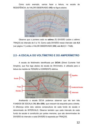 12
Como outro exemplo, vamos fazer a leitura, na escala de
RESISTÊNCIA, do VALOR OBSERVADO (VO) na figura abaixo.
Observe que o ponteiro está na sétima (7) DIVISÃO (sobre o sétimo
TRAÇO) do intervalo de 5 a 10. Como cada DIVISÃO nesse intervalo vale 0,5
(ver página 11) então o VALOR OBSERVADO (VO) vale 8,5 (5 + 7·0,5).
2.5 - A ESCALA DO VOLTÍMETRO E DO AMPERÍMETRO
A escala do Multímetro identificada por DCVA (Direct Currente Volt
Ampère), que fica logo abaixo da escala do Ohmímetro, é utilizada para a
leitura da medida de TENSÃO e CORRENTE elétrica.
Analisando a escala DCVA podemos observar que ela tem três
FUNDOS DE ESCALA (10, 50 e 250), que crescem da esquerda para a direita.
A diferença entre dois valores consecutivos de cada fundo de escala é
denominado de INTERVALO. Observe também que cada intervalo de cada
fundo de escala é constituído por partes menores, que são denominadas de
DIVISÃO do intervalo e cada DIVISÃO é separada por TRAÇOS.
Fundo de Escala
Divisão
Escala
Espelho
Intervalo
Traço
 