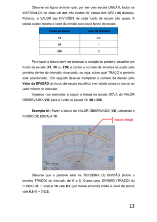 13
Observe na figura anterior que, por ser uma escala LINEAR, todos os
INTERVALOS de cada um dos três fundos de escala têm DEZ (10) divisões.
Portanto, o VALOR das DIVISÕES de cada fundo de escala são iguais. A
tabela abaixo mostra o valor da divisão para cada fundo de escala.
Fundo de Escala Valor da DIVISÃO
10 0,2
50 1
250 5
Para fazer a leitura deve-se observar a posição do ponteiro, escolher um
fundo de escala (10, 50 ou 250) e contar o número de divisões ocupado pelo
ponteiro dentro do intervalo observado, ou seja, sobre qual TRAÇO o ponteiro
está posicionado. Em seguida deve-se multiplicar o número de divisão pelo
Valor da DIVISÃO do fundo de escala escolhido (ver tabela acima) e somar ao
valor inferior do intervalo.
Vejamos nos exemplos a seguir a leitura na escala DCVA do VALOR
OBSERVADO (VO) para o fundo de escala 10, 50 e 250.
Exemplo 01: Fazer a leitura do VALOR OBSERVADO (VO) utilizando o
FUNDO DE ESCALA 10.
Observe que o ponteiro está na TERCEIRA (3) DIVISÃO (sobre o
terceiro TRAÇO) do intervalo de 6 a 8. Como cada DIVISÃO (TRAÇO) do
FUNDO DE ESCALA 10 vale 0,2 (ver tabela anterior) então o valor da leitura
vale 6,6 (6 + 3·0,2).
Terceiro TRAÇO
 