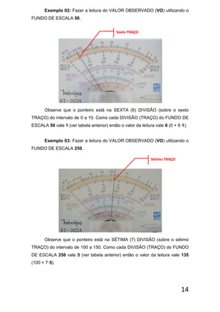 14
Exemplo 02: Fazer a leitura do VALOR OBSERVADO (VO) utilizando o
FUNDO DE ESCALA 50.
Observe que o ponteiro está na SEXTA (6) DIVISÃO (sobre o sexto
TRAÇO) do intervalo de 0 a 10. Como cada DIVISÃO (TRAÇO) do FUNDO DE
ESCALA 50 vale 1 (ver tabela anterior) então o valor da leitura vale 6 (0 + 6·1).
Exemplo 03: Fazer a leitura do VALOR OBSERVADO (VO) utilizando o
FUNDO DE ESCALA 250.
Observe que o ponteiro está na SÉTIMA (7) DIVISÃO (sobre o sétimo
TRAÇO) do intervalo de 100 a 150. Como cada DIVISÃO (TRAÇO) do FUNDO
DE ESCALA 250 vale 5 (ver tabela anterior) então o valor da leitura vale 135
(100 + 7·5).
Sexto TRAÇO
Sétimo TRAÇO
 