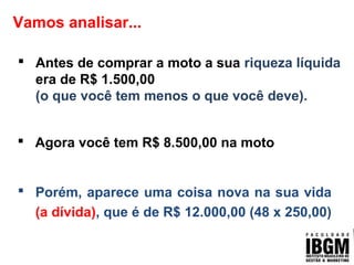 Vamos analisar...
 Antes de comprar a moto a sua riqueza líquida
era de R$ 1.500,00
(o que você tem menos o que você deve).
 Agora você tem R$ 8.500,00 na moto
 Porém, aparece uma coisa nova na sua vida
(a dívida), que é de R$ 12.000,00 (48 x 250,00)
 