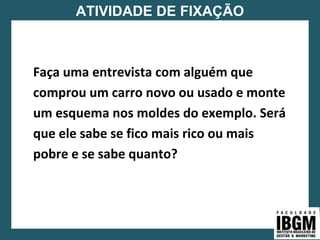 ATIVIDADE DE FIXAÇÃO
Faça uma entrevista com alguém que
comprou um carro novo ou usado e monte
um esquema nos moldes do exemplo. Será
que ele sabe se fico mais rico ou mais
pobre e se sabe quanto?
 