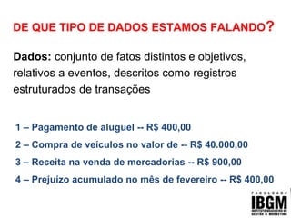DE QUE TIPO DE DADOS ESTAMOS FALANDO?
Dados: conjunto de fatos distintos e objetivos,
relativos a eventos, descritos como registros
estruturados de transações
1 – Pagamento de aluguel -- R$ 400,00
2 – Compra de veículos no valor de -- R$ 40.000,00
3 – Receita na venda de mercadorias -- R$ 900,00
4 – Prejuízo acumulado no mês de fevereiro -- R$ 400,00
 