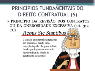 PRINCÍPIOS FUNDAMENTAIS DO
DIREITO CONTRATUAL (6)
 PRINCÍPIO DA REVISÃO DOS CONTRATOS
OU DA ONEROSIDADE EXCESSIVA (art. 317,
CC)
 