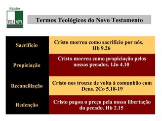 Termos Teológicos do Novo Testamento
Sacrifício
Cristo morreu como sacrifício por nós.
Hb 9.26
Propiciação
Cristo morreu como propiciação pelos
nossos pecados. 1Jo 4.10
Reconciliação
Cristo nos trouxe de volta à comunhão com
Deus. 2Co 5.18-19
Redenção
Cristo pagou o preço pela nossa libertação
do pecado. Hb 2.15
Edições
 