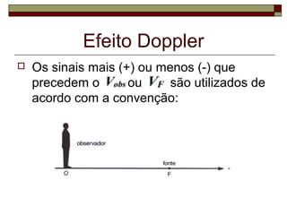 Os sinais mais (+) ou menos (-) que
precedem o ou são utilizados de
acordo com a convenção:
Efeito Doppler
 
