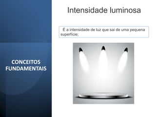 CONCEITOS
FUNDAMENTAIS
Intensidade luminosa
É a intensidade de luz que sai de uma pequena
superfície;
 