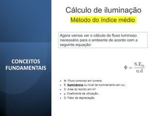 CONCEITOS
FUNDAMENTAIS
Cálculo de iluminação
Método do índice médio
Agora vamos ver o cálculo do fluxo luminoso
necessário para o ambiente de acordo com a
seguinte equação:
 