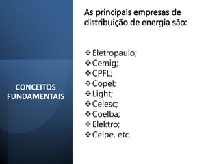 CONCEITOS
FUNDAMENTAIS
As principais empresas de
distribuição de energia são:
Eletropaulo;
Cemig;
CPFL;
Copel;
Light;
Celesc;
Coelba;
Elektro;
Celpe, etc.
 