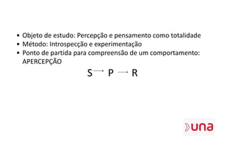 • Objeto de estudo: Percepção e pensamento como totalidade
• Método: Introspecção e experimentação
• Ponto de partida para compreensão de um comportamento:
APERCEPÇÃO
S P R
 