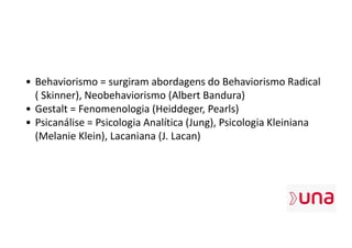• Behaviorismo = surgiram abordagens do Behaviorismo Radical
( Skinner), Neobehaviorismo (Albert Bandura)
• Gestalt = Fenomenologia (Heiddeger, Pearls)
• Psicanálise = Psicologia Analítica (Jung), Psicologia Kleiniana
(Melanie Klein), Lacaniana (J. Lacan)
 