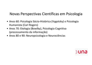 Novas Perspectivas Científicas em Psicologia
• Anos 60: Psicologia Sócio-Histórica (Vygotsky) e Psicologia
Humanista (Carl Rogers)
• Anos 70: Etologia (Bowlby), Psicologia Cognitiva
(processamento da informação)
• Anos 80 e 90: Neuropsicologia e Neurociências
 