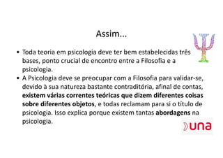 Assim...
• Toda teoria em psicologia deve ter bem estabelecidas três
bases, ponto crucial de encontro entre a Filosofia e a
psicologia.
• A Psicologia deve se preocupar com a Filosofia para validar-se,
devido à sua natureza bastante contraditória, afinal de contas,
existem várias correntes teóricas que dizem diferentes coisas
sobre diferentes objetos, e todas reclamam para si o título de
psicologia. Isso explica porque existem tantas abordagens na
psicologia.
 