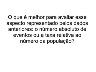 O que é melhor para avaliar esse
aspecto representado pelos dados
anteriores: o número absoluto de
eventos ou a taxa relativa ao
número da população?
 