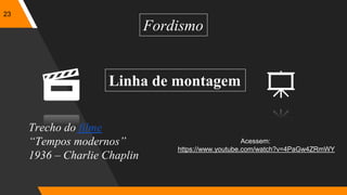 23
Fordismo
Linha de montagem
Trecho do filme
“Tempos modernos”
1936 – Charlie Chaplin
Acessem:
https://www.youtube.com/watch?v=4PaGw4ZRmWY
 