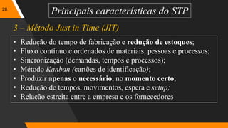 28
Principais características do STP
• Redução do tempo de fabricação e redução de estoques;
• Fluxo contínuo e ordenados de materiais, pessoas e processos;
• Sincronização (demandas, tempos e processos);
• Método Kanban (cartões de identificação);
• Produzir apenas o necessário, no momento certo;
• Redução de tempos, movimentos, espera e setup;
• Relação estreita entre a empresa e os fornecedores
3 – Método Just in Time (JIT)
 