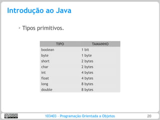 Introdução ao Java

   ➢   Tipos primitivos.

                        TIPO                 TAMANHO
              boolean               1 bit
              byte                  1 byte
              short                 2 bytes
              char                  2 bytes
              int                   4 bytes
              float                 4 bytes
              long                  8 bytes
              double                8 bytes




                103403 – Programação Orientada a Objetos   20
 