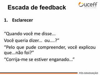 Escada de feedback
1. Esclarecer
“Quando você me disse...
Você queria dizer... ou....?”
“Pelo que pude compreender, você explicou
que...não foi?”
“Corrija-me se estiver enganado...”
 