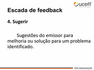 Escada de feedback
4. Sugerir
Sugestões do emissor para
melhoria ou solução para um problema
identificado.
 
