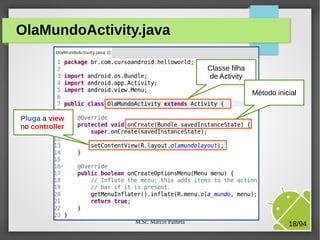 M.Sc. Márcio Palheta 18/94
OlaMundoActivity.java
Pluga a view
no controller
Classe filha
de Activity
Método inicial
 