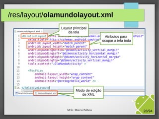 M.Sc. Márcio Palheta 28/94
/res/layout/olamundolayout.xml
Modo de edição
de XML
Layout principal
da tela
Atributos para
ocupar a tela toda
 