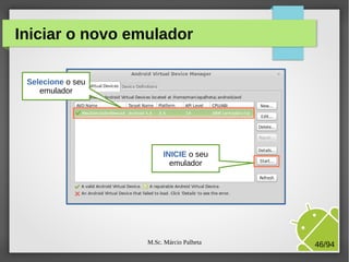 M.Sc. Márcio Palheta 46/94
Iniciar o novo emulador
Selecione o seu
emulador
INICIE o seu
emulador
 