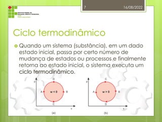 Ciclo termodinâmico
 Quando um sistema (substância), em um dado
estado inicial, passa por certo número de
mudança de estados ou processos e finalmente
retorna ao estado inicial, o sistema executa um
ciclo termodinâmico.
16/08/2022
7
 
