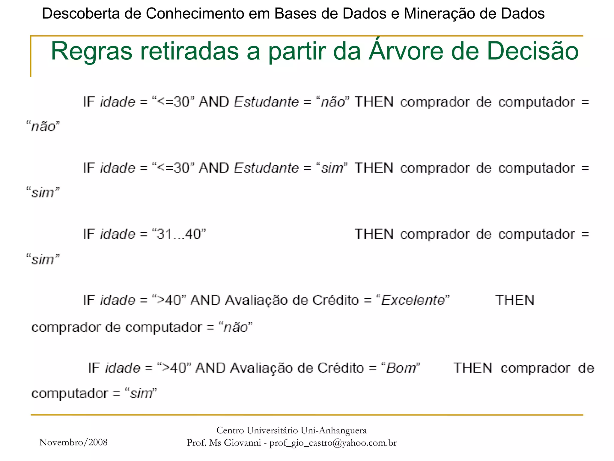Novembro/2008 Centro Universitário Uni-Anhanguera Prof. Ms Giovanni - prof_gio_castro@yahoo.com.br Regras retiradas a partir da Árvore de Decisão 