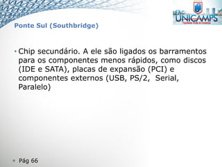  Pág 66
Ponte Sul (Southbridge)
• Chip secundário. A ele são ligados os barramentos
para os componentes menos rápidos, como discos
(IDE e SATA), placas de expansão (PCI) e
componentes externos (USB, PS/2, Serial,
Paralelo)
 