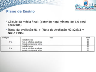 Plano de Ensino
• Cálculo da média final: (obtendo nota mínima de 5,0 será
aprovado)
• [Nota da avaliação N1 + (Nota da Avaliação N2 x2)]/3 =
NOTA FINAL
 