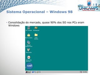 Sistema Operacional – Windows 98
• Consolidação do mercado, quase 90% dos SO nos PCs eram
Windows
 