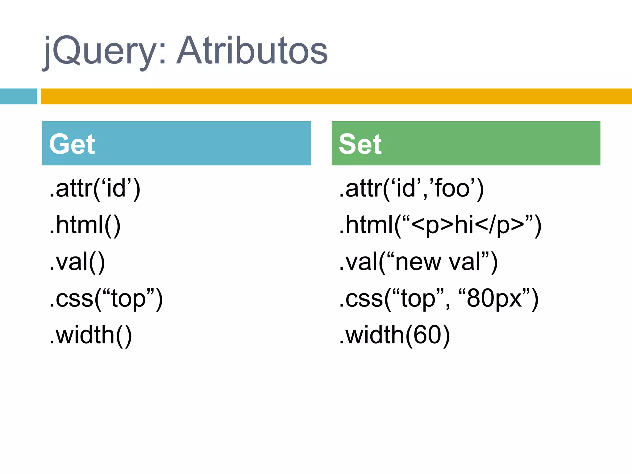 jQuery: Atributos.attr(‘id’).html().val().css(“top”).width().attr(‘id’,’foo’).html(“<p>hi</p>”).val(“newval”).css(“top”, “80px”).width(60)GetSet