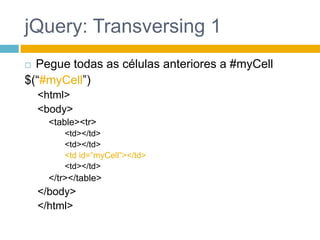 jQuery: Transversing 1Pegue todas as células anteriores a #myCell$(“#myCell”)<html><body><table><tr><td></td><td></td><td id=”myCell”></td><td></td></tr></table></body></html>