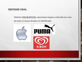 IDENTIDADE VISUAL
Símbolos FIGURATIVOS: representam imagens conhecidas por meio
das quais as marcas desejam ser identificadas.
 