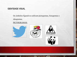 IDENTIDADE VISUAL
Os símbolos figurativos utilizam pictogramas, fonogramas e
ideogramas.
PICTOGRAMAS:
 