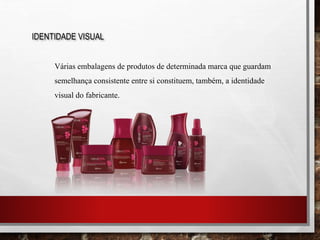 IDENTIDADE VISUAL
Várias embalagens de produtos de determinada marca que guardam
semelhança consistente entre si constituem, também, a identidade
visual do fabricante.
 