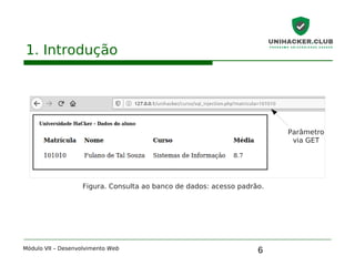 6
1. Introdução
Módulo VII – Desenvolvimento Web
Figura. Consulta ao banco de dados: acesso padrão.
Parâmetro
via GET
 